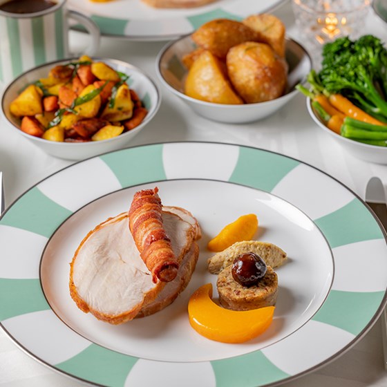 Christmas Day Lunch turkey with sides on Claridge's china.