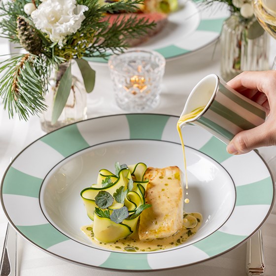 Fish and vegetables in Claridge's china