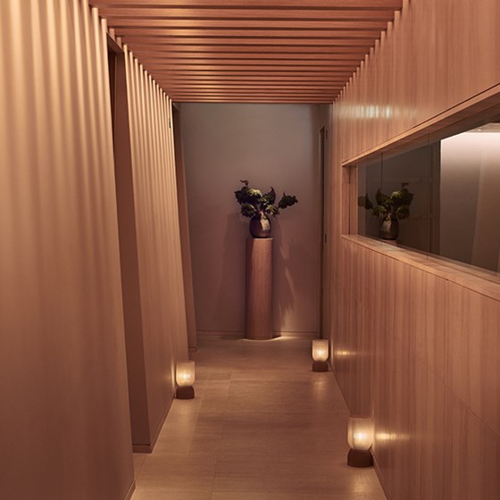 Claridge's Spa, wooden corridor leading to the pool.